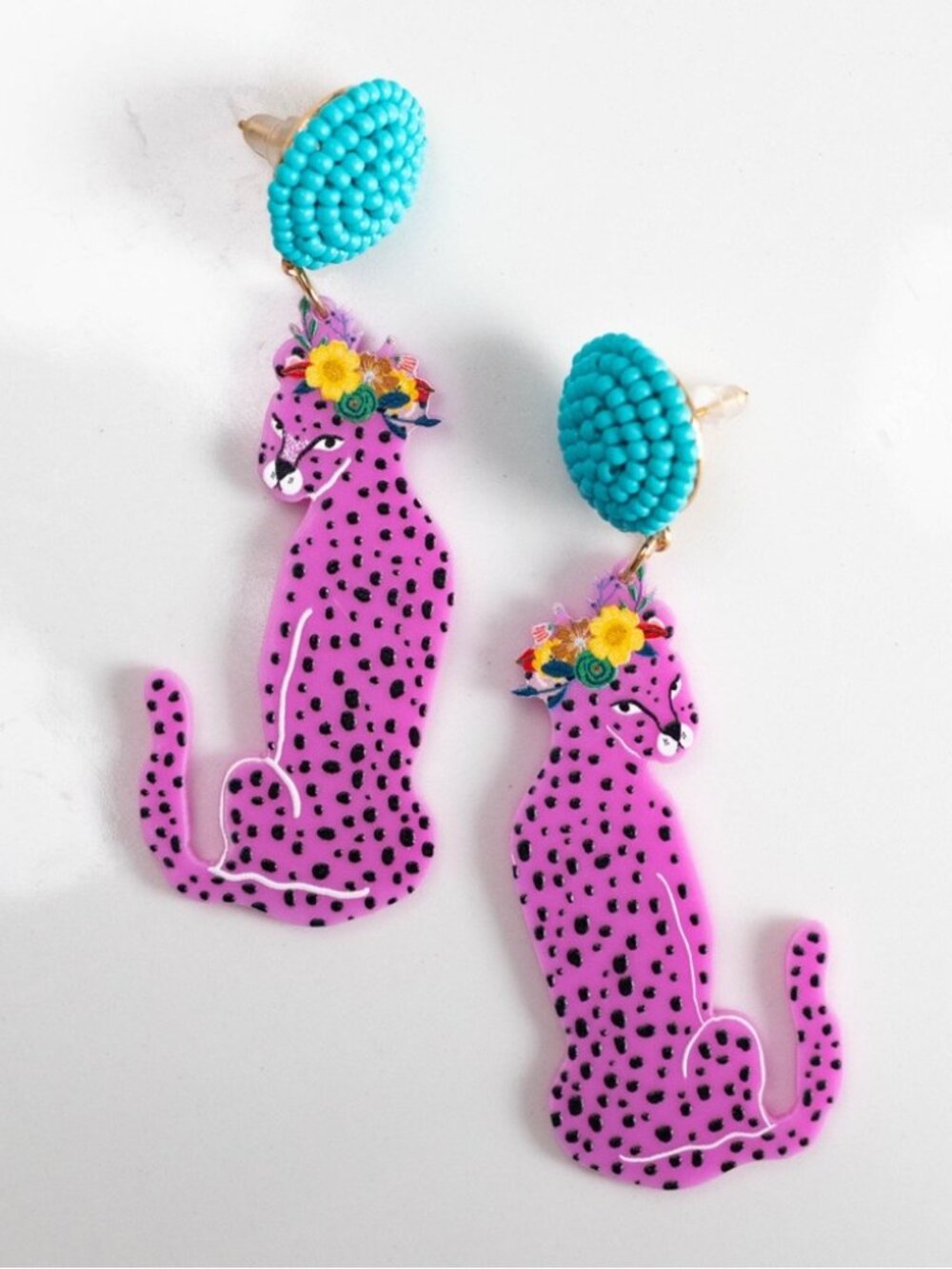 Anthropologie Tatiana Beaded Pink Leopard Earrings